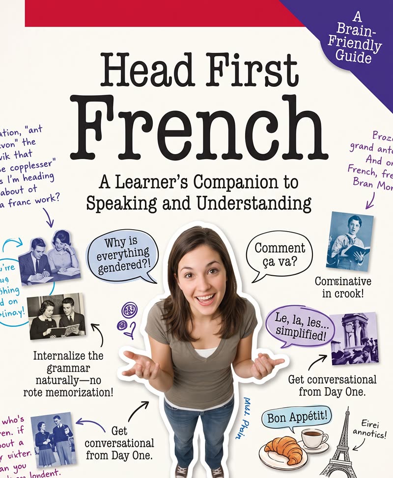 A parody Head First book cover titled Head First French: a smiling learner surrounded by speech bubbles saying 'Why is everything gendered?!' and 'Comment ça va?', a croissant, coffee and the Eiffel Tower.